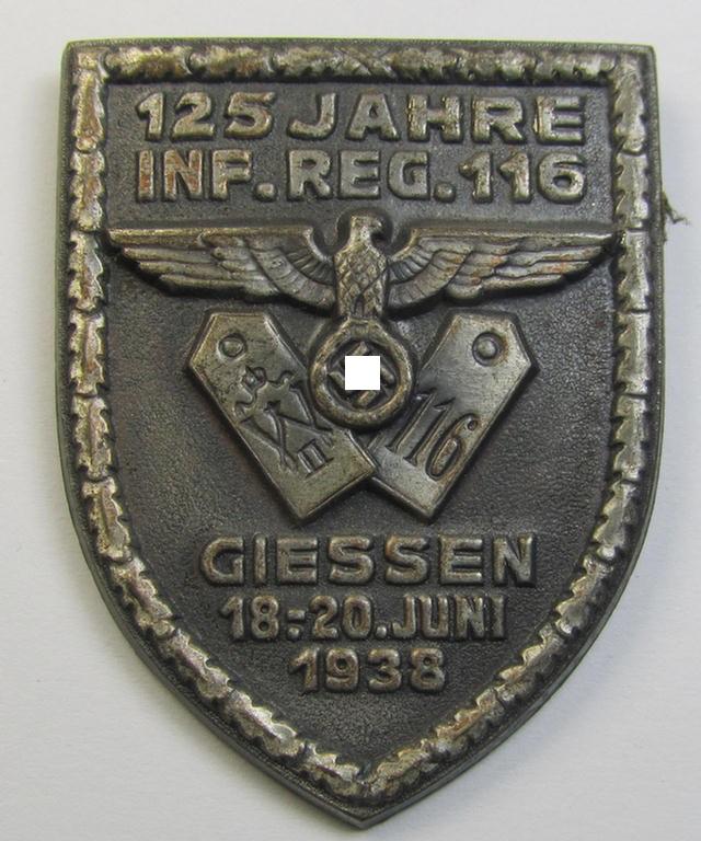 Neat, silver-toned- (and I deem typical zinc-based) WH (Heeres) related day-badge (ie. 'tinnie' or: 'Veranstaltungsabzeichen') as was issued to commemorate a meeting named: '125 Jahre Inf.Reg. 116 - Giessen - 18.-20. Juni 1938'
