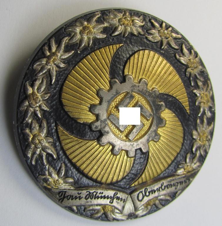 Superb - and actually scarcely seen! - N.S.D.A.P.- (ie. D.A.F.-) related 'Tagungs- o. Veranstaltungsabzeichen' being a non-maker-marked example showing a swastika 'Zahnrad' and text: 'Gau München - Oberbayern'
