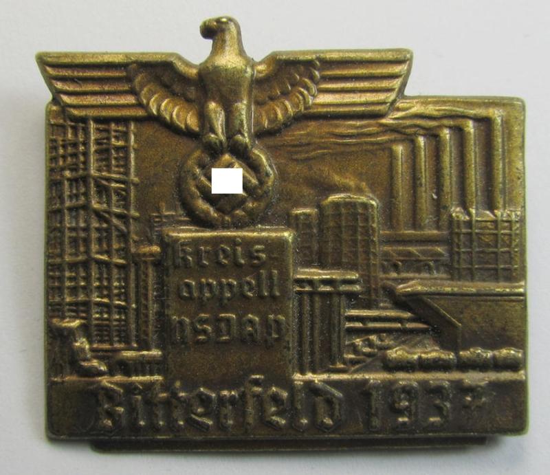 Commemorative, golden-bronze-toned N.S.D.A.P.-related day-badge (ie. 'tinnie') as issued to commemorate the: 'N.S.D.A.P.-Kreisappell - Ritterfeld - 1937'