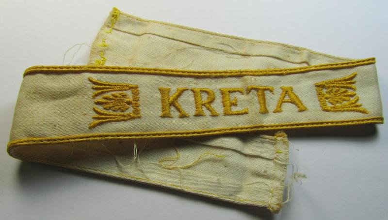 Superb, WH (LW o. Heeres) cuff-title (ie. 'Ärmelstreifen') entitled: 'Kreta' (being a wonderful- and totally non-shortened example that comes in a truly issued- ie. I deem once tunic-attached, condition)