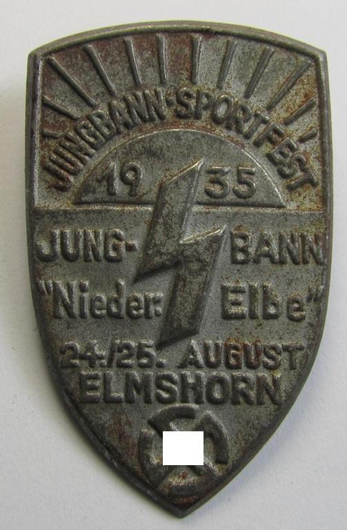 Attractive - and scarcely encountered! - DJ-related 'tinnie' (ie. 'Veranstaltungsabzeichen') showing a sunburst and 'Blitz'-sign coupled with the text: 'Jungbann Sportfest - Jungbann “Nieder. Elbe” - 24./25. August 1935 - Elmshorn'