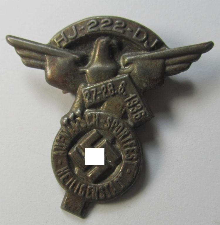 Attractive - and scarcely encountered! - HJ/DJ-related 'tinnie' (ie. 'Veranstaltungsabzeichen') showing an eagle-device and 'Leistungsrune'-sign coupled with the text: 'HJ - 222 - DJ - Aufmarsch Sportfest - Heiligerstadt - 27./28.-6-1936'