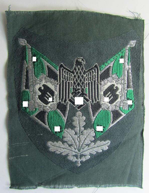 Stunning - and in this branchcolour rarely encountered! - WH (Heeres), flat-wire- (ie. 'BeVo'-) woven 'Ärmelabzeichen für Fahnenträger' as was intended for a soldier who served within a: 'Jäger- o. Gebirgsjäger Regiment'