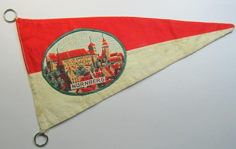 Attractive - 'patriotic-styled'- and/or truly nicely woven! - white- and red-coloured N.S.D.A.P.-related vehicle- ie. bicycle-flag (ie. 'Fahrrad-Fahne') depicting a ('BeVo'-like) woven patch depicting a view of the town of Nürnberg