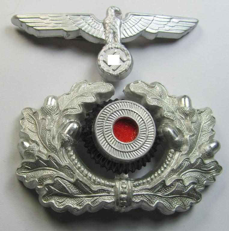 Superb, WH (Heeres) 'frosted'-silver-toned (ie. partly 'Cupal'-based!) EM- (ie. NCO- or officers') type visor-cap-eagle & cocarde-set being a partly maker- (ie. '2'-) marked set that comes in a 'virtually mint'- ie. never cap-attached, condition