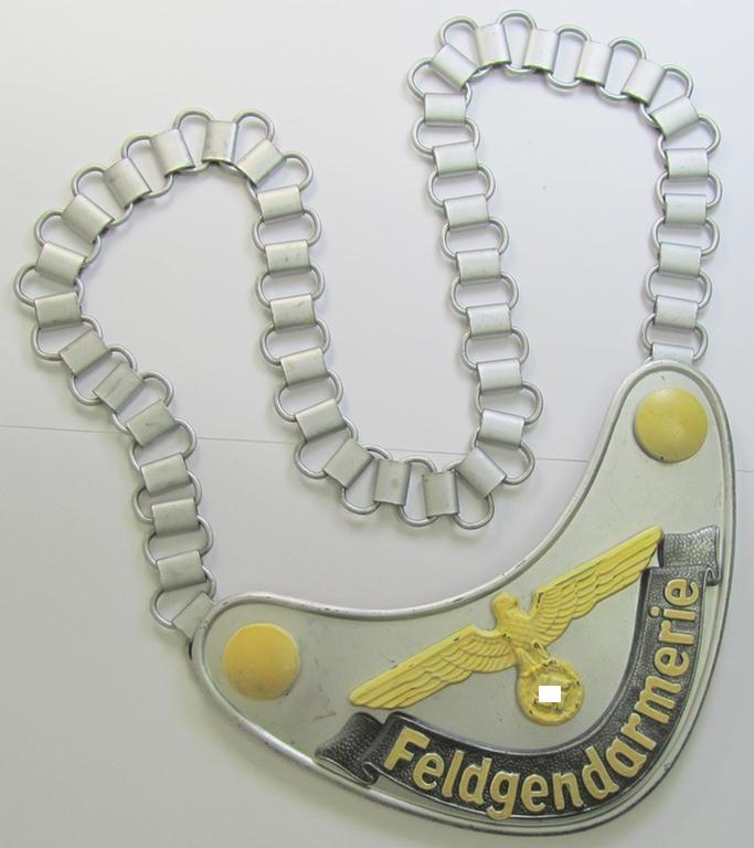 Superb - and 'virtually mint'! - example of a WH (Heeres) gorget (ie. 'Brustschild o. Ringkragen') entitled: 'Feldgendarmerie' being a non-maker-marked example that comes mounted onto its period-attached chain (ie. 'Kette')