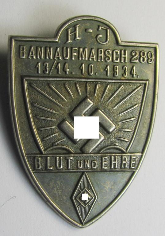 Attractive - and scarcely encountered! - HJ- (ie.'Hitlerjugend') related 'tinnie' being a silver-toned- and typical non-maker-marked example showing the text: 'H-J Bannaufmarsch 289 - Blut und Ehre - 13/14.10.1934'