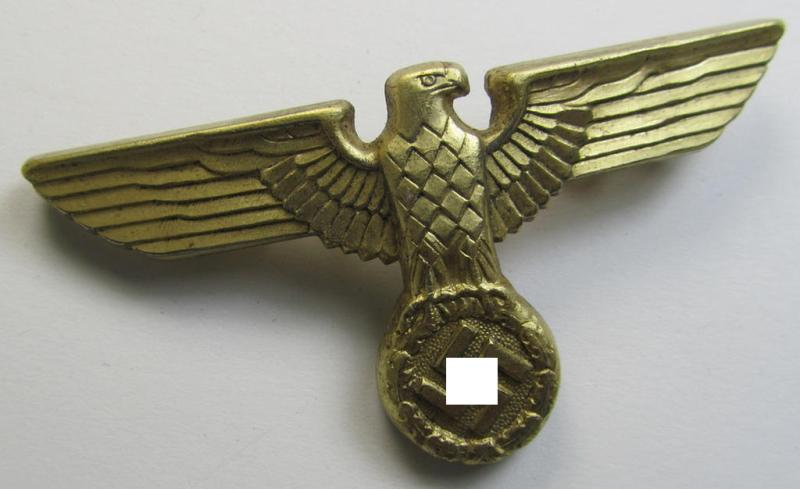 Attractive, bright-golden-coloured- and/or: aluminium-based (political-style) visor- (ie. 'Schirmmützen'-) cap-eagle being a detailed example that is neatly: 'RzM' and/or 'M1/44' marked on its back