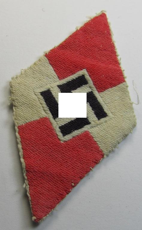 'Standard-issue'-pattern, 'Hitlerjugend'- ie. 'Bund Deutsche Mädel (HJ/BDM) so-called: 'Ärmelraute' as was executed in so-called 'BeVo'-weave pattern (being a moderately used- ie. clearly worn example)