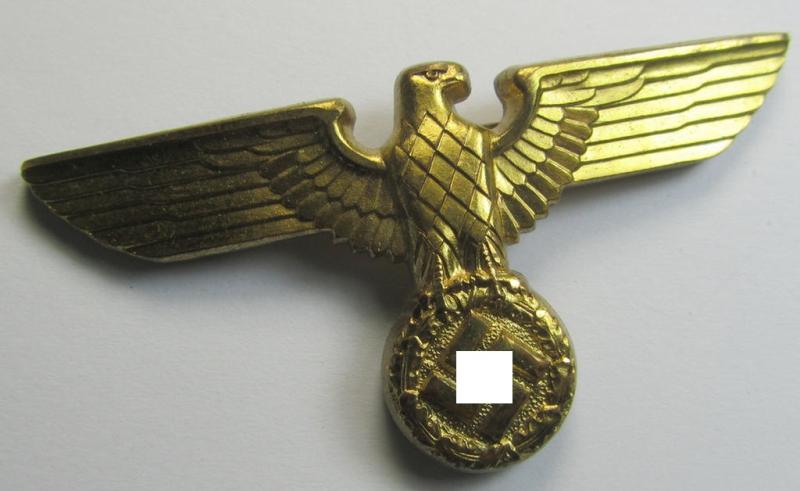 Attractive, bright-golden-coloured- and/or: zinc-based (political-style) visor- (ie. 'Schirmmützen'-) cap-eagle being a detailed example that is neatly: 'RzM' and/or 'M1/13' marked on its back