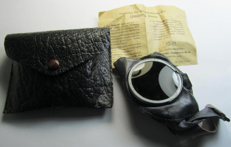 Fully complete 'standard'-issue pair of WH sun- (ie. protective-) glasses (of the make ie. type: 'Zeiss- Umbral') that came stored in their period, typical, black-coloured- and/or 'plastic-like' pouch ie. etui