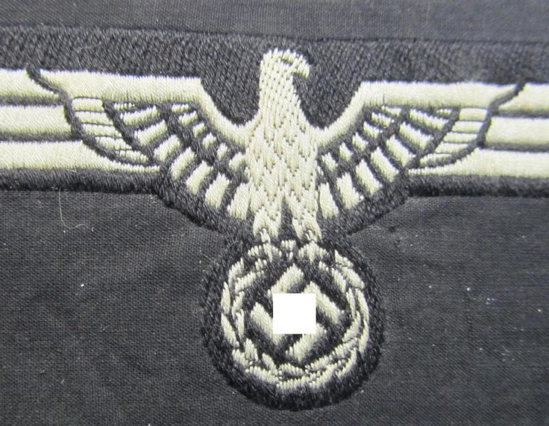 Neat, WH (Heeres) early- (ie. pre-) war-period- and/or white-coloured 'Panzer'-type breast-eagle of the so-called: 'M35'- (ie.'M36'-) pattern as was executed in the neat 'BeVo'-weave pattern on a black-coloured background