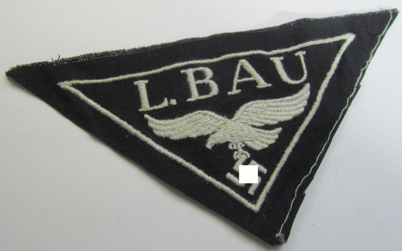WH (Luftwaffe)-related- (EM- ie. NCO-pattern-) machine-embroidered breast-badge ie. eagle-device showing the text: 'L. Bau' as was (I deem) specifically intended for staff working within the WH 'Generalluftzeugmeister'- (ie. 'GL'-) organisation