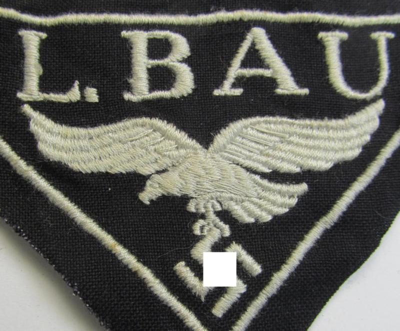 WH (Luftwaffe)-related- (EM- ie. NCO-pattern-) machine-embroidered breast-badge ie. eagle-device showing the text: 'L. Bau' as was (I deem) specifically intended for staff working within the WH 'Generalluftzeugmeister'- (ie. 'GL'-) organisation