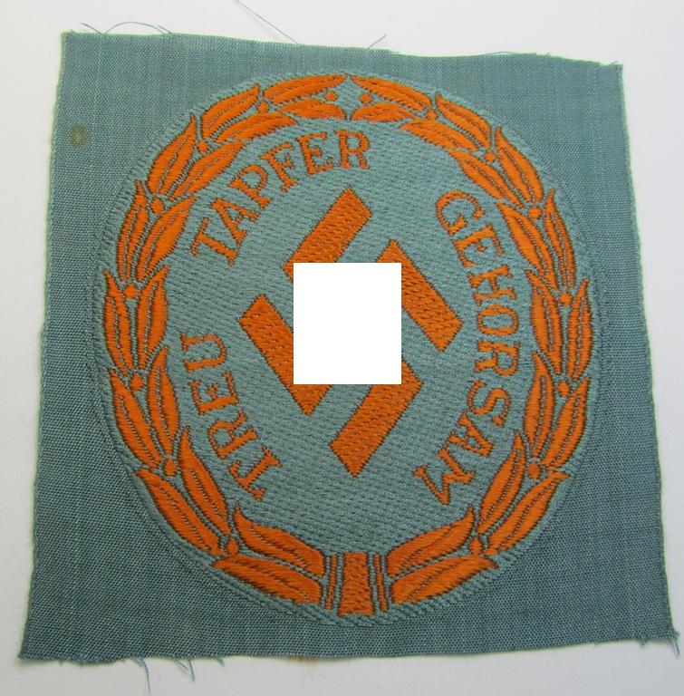 Superb - and rarely encountered! - (I deem) enlisted-mens'-type, so-called: 'Schutzmannschaften' (or: 'Schuma') armshield, as executed in bright-orange coloured thread on a (tyical police) green-coloured background
