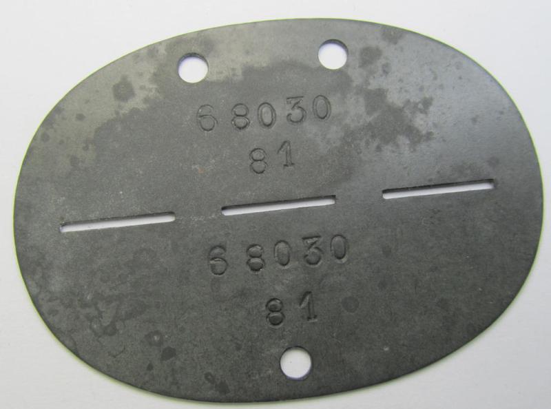 Zinc-based, WH (LW) ie. 'Flieger'-related ID-disc, bearing the clearly stamped- and/or: 'coded'-unit- ie. 'MOB'-designation that reads: '68030' (and as such belonging to a soldier who served within the: '3.(Funkempf.)/Ln.Funkhorch-Rgt.”West”)