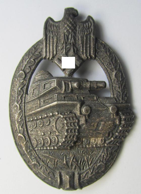Attractive, 'Panzerkampfabzeichen in Silber' (or: silver-class panzer-assault badge or PAB) being a clearly maker- (ie. 'AS'-) marked- and/or zinc- (ie. 'Feinzink'-) based specimen, as was procuced by the: 'Adolf Scholze'- (ie. 'A.S.'-) company