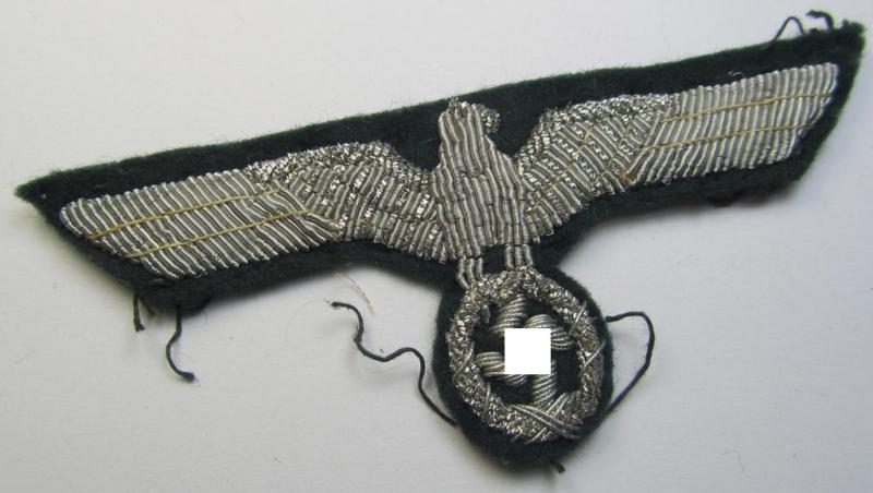 Attractive - and just moderately used! - WH (Heeres) officers'-type, hand-embroidered breast-eagle (ie. 'Brustadler für Offiziere') as was executed in bright-silverish-coloured braid as was intended for usage on the various officers'-pattern tunics