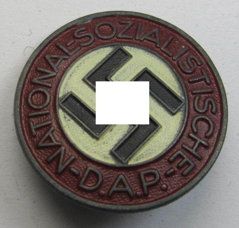 Neat, non-enamelled (ie. painted) bright-red-coloured- and/or 'variant'-pattern 'N.S.D.A.P.' membership-pin- ie. party-badge (or: 'Parteiabzeichen') which is nicely maker-marked on the back with the makers'-designation: 'RzM' and/or: 'M1/103'