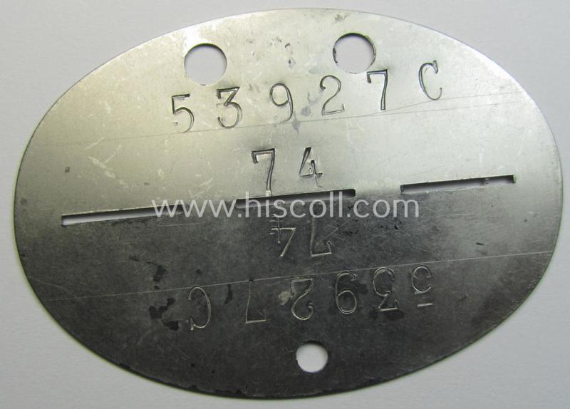 Stainless-steel-based, WH (LW) ie. 'Flieger'-related ID-disc, bearing the stamped- and/or: 'coded'-unit- ie. 'MOB'-designation that reads: '53927C' (and as such belonging to a soldier who served within the: '2. Kampf-Geschw. 101 / E.S. Ost')