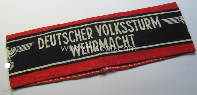 Superb, printed- and/or later-war-period, bright-red- and/or black-coloured so-called: 'Deutscher Volkssturm'-armband (ie. 'Armbinde') that comes in an overall very nice- (I deem hardly used- nor worn- ie. 'virtually mint'-), condition