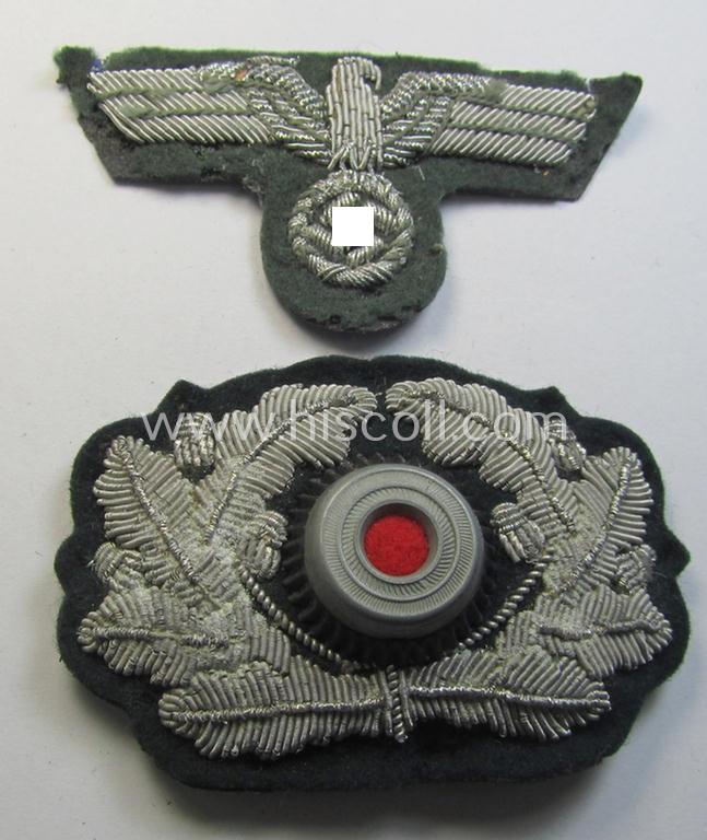 Attractive - and detailed! - WH (Heeres) officers'-pattern, visor-cap eagle/cocarde-set (ie. 'Effektensatz für Schirmmütze') being both hand-embroidered examples that come mounted onto a typical darker-green-coloured- and/or woolen-based background