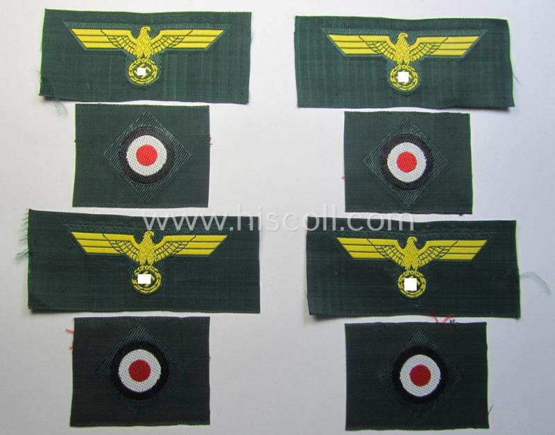 Neat, WH (KM ie. 'Küsten-Marine o. Marine-Artillerie') side-cap-eagle and cocarde-set (being a 'virtually mint- ie. unissued' set as executed in golden-yellow-coloured linnen on a darker-green-coloured background)