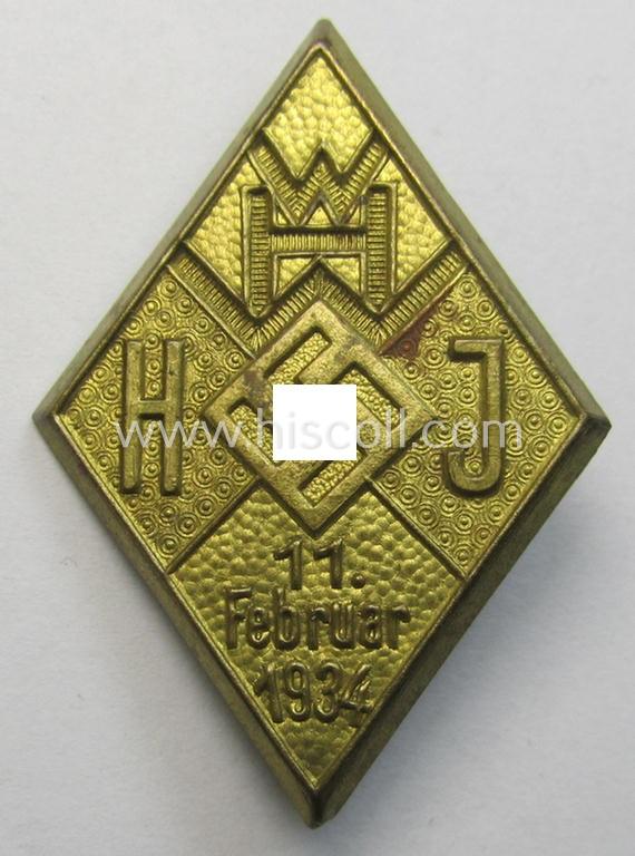 Attractive - and scarcely encountered! - HJ- (Hitlerjugend-) ie. WHW-related day-badge (ie. 'tinnie' or: 'Veranstaltungsabzeichen') as was issued to commemorate a HJ- ie. WHW-related gathering ie. rally held on: '11. Februar 1934'
