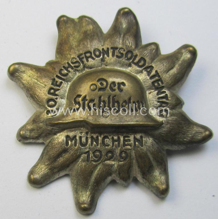Attractive, early-period 'Nationalsozialistischer Deutscher Frontkämpferbund der Stahlhelm' (or: 'NSDFBSt') day-badge (ie. 'tinnie') as was issued to commemorate the: '10. Reichsfrontsoldatentag - Der Stahlhelm - München 1929'