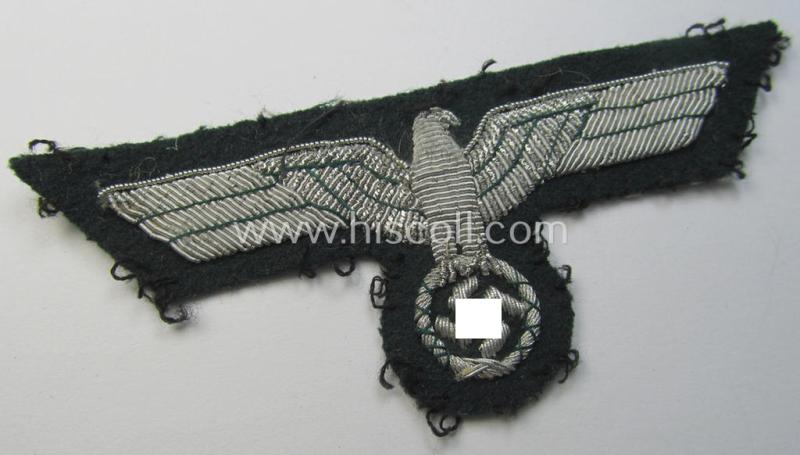 Attractive - and just moderately used! - WH (Heeres) officers'-type, hand-embroidered breast-eagle (ie. 'Brustadler für Offiziere') as was executed in bright-silverish-coloured braid as was intended for usage on the various officers'-pattern tunics