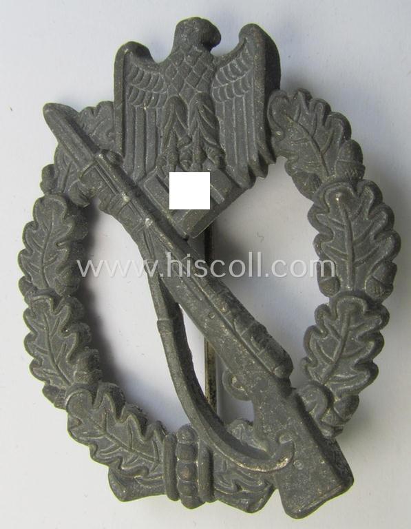 Attractive, 'hollow-back'-pattern 'Infanterie Sturmabzeichen in Silber' (or: silver infantry-assault badge ie. IAB) being a non-maker-marked example as executed in zinc-based metal (ie. 'Feinzink') as was produced by the: 'Wilh. Deumer'-company