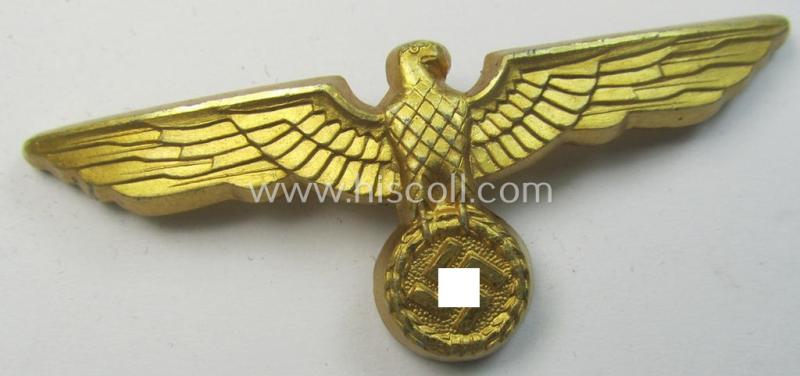 Attractive - incomplete but nevertheless scarcely encountered! - bright-golden-toned WH (Kriegsmarine) cap-eagle as was specifically intended for attachment onto the (white- and/or blue-topped-) KM (NCO- ie. officers'-type visor-caps