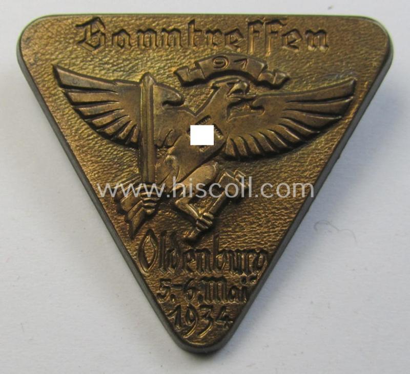 Superb - and scarcely encountered! - HJ (ie. 'Hitlerjugend') related 'tinnie' being a maker- (ie. 'Hoffstätter - Bonn'-) marked example depicting a: 'HJ-eagle-device' surrounded by the text: 'Banntreffen - Oldenburg - 5.-6. Mai 1934'