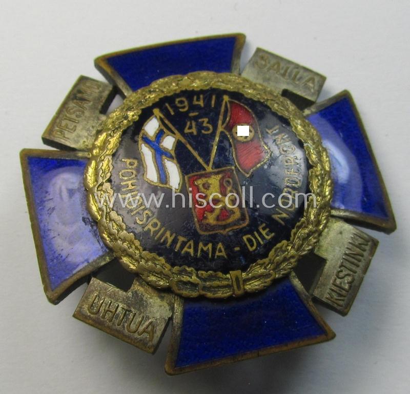 Attractive - and scarcely encountered! - so-called: Finnish-/German: 'Nordfrontkreuz', being a (scarcely seen!) black-/blue-coloured, neatly enamelled and clearly maker-marked 'variant' that shows the text: 'Pohjoisrintama - Die Nordfront - 1941/43'