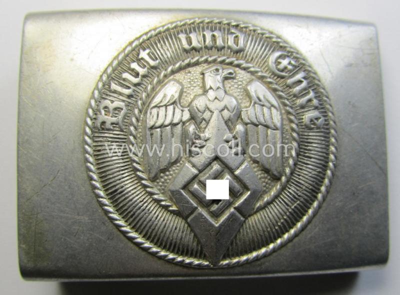 Attractive - and actually not that easily encountered! - HJ ('Hitlerjugend'), aluminium-based (ie. 'molded-styled') belt-buckle (ie. 'Koppelschloss') being a clearly maker- (ie. 'RzM - M4/23'-) marked example