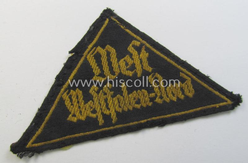 Superb - and truly rarely encountered! - 'HJ' ('Hitlerjugend') district-triangle (ie. 'Gebietsdreieck') entitled: 'West Westfalen-Nord' (being a shirt- ie. tunic-removed example that retains its 'RzM'-etiket)