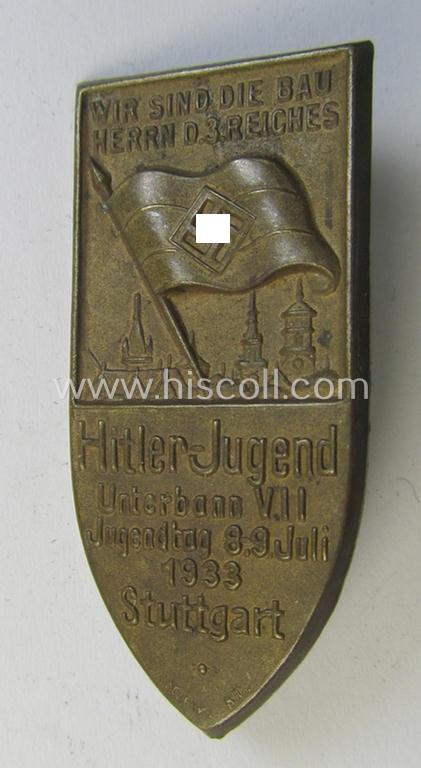 Commemorative, 'HJ'- (ie. 'Hitlerjugend'-) sports-related 'tinnie' being a non-maker-marked example depicting a flag with 'HJ-Raute' with below the text: 'Hitler-Jugend - Unterbann V.II - Jugendtag Stuttgart - 8.-9. Juni 1933'