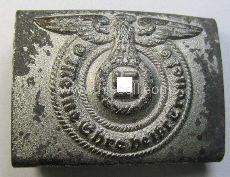 Attractive, Waffen-SS enlisted-mens'- (ie. NCO-) type belt-buckle (being a typical, unmarked and typical steel-based: 'Overhoff & Cie'-example) that comes in a surely issued- and/or moderately used- ie. worn, condition