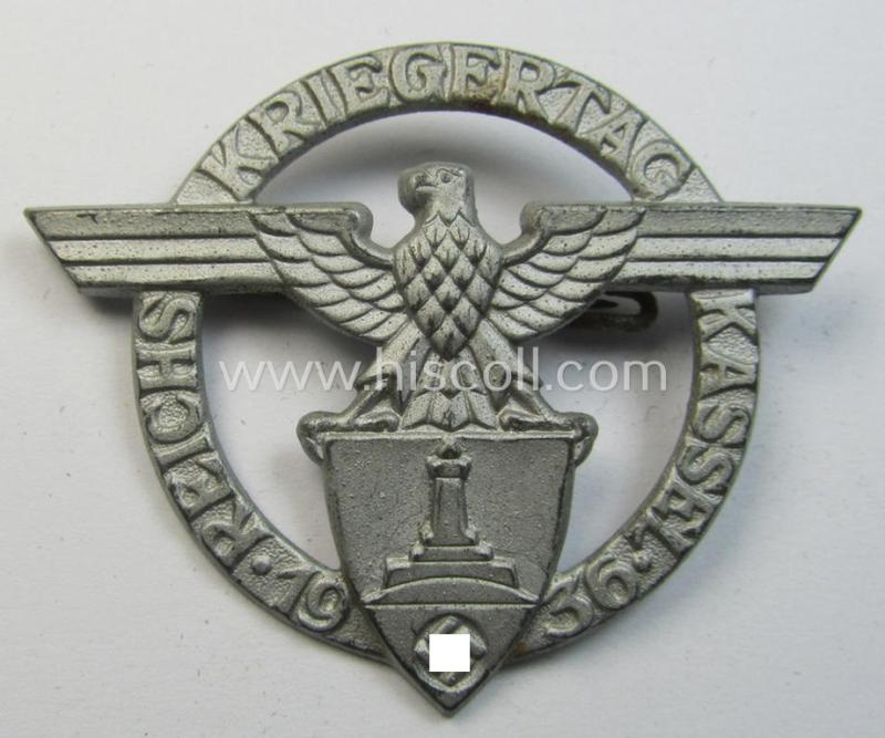 Silver-toned, D.R.K.B. (or: 'Deutscher Reichskriegerbund' aka 'Kyffhäuserbund') day-badge (ie. 'tinnie') being a non-maker-marked example entitled: 'Reichskriegertag - Kassel - 1936'