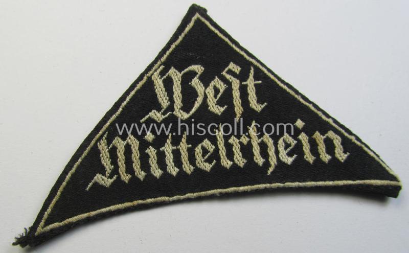 Neat - and early patttern! -'HJ' ('Hitlerjugend') ie. 'BDM' ('Bund Deutscher Mädel'-) district-triangle (ie. 'Gebietsdreieck') entitled: 'West Mittelrhein' (being a clearly used- and/or worn example that regrettably misses its 'RzM'-etiket)