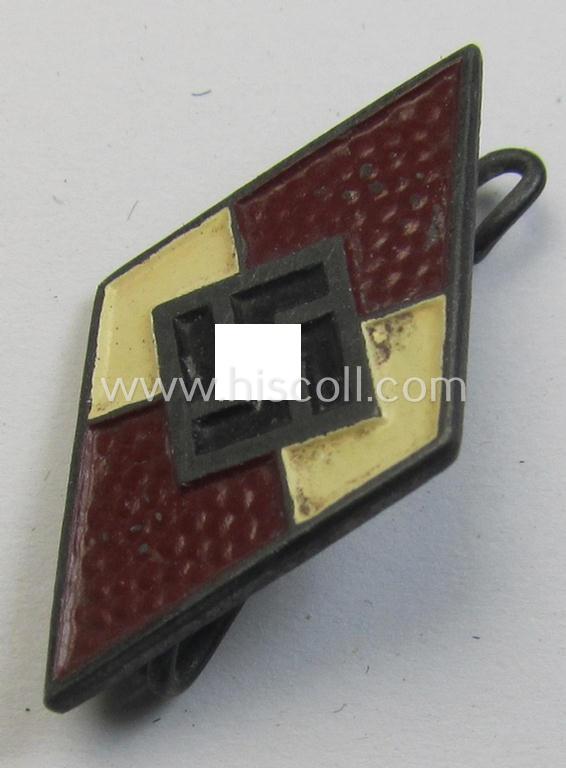 Neat - 'molded'-styled- and later-war-pattern - HJ (ie. 'Hitlerjugend') painted lapel-pin (ie.: 'Raute') being a darker-red-coloured- and/or truly detailed example showing an: 'RzM - M1/34'-makers'-designation on its back