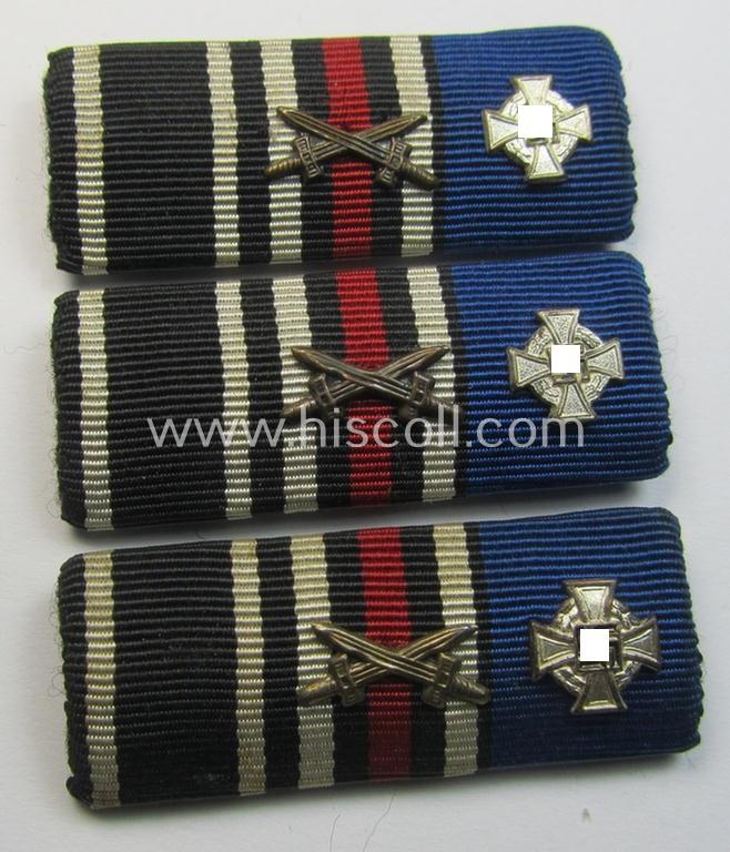 Three-pieced, WWI- (ie. TR-) period medal-bar (ie. 'Band- o. Feldspange') showing the ribbons for a WWI-period: 'EK II. Kl.', a: 'FKK m. Schw.' and a: 'Treuedienst Ehrenzeichen der 2. Klasse' (with attached miniature device)