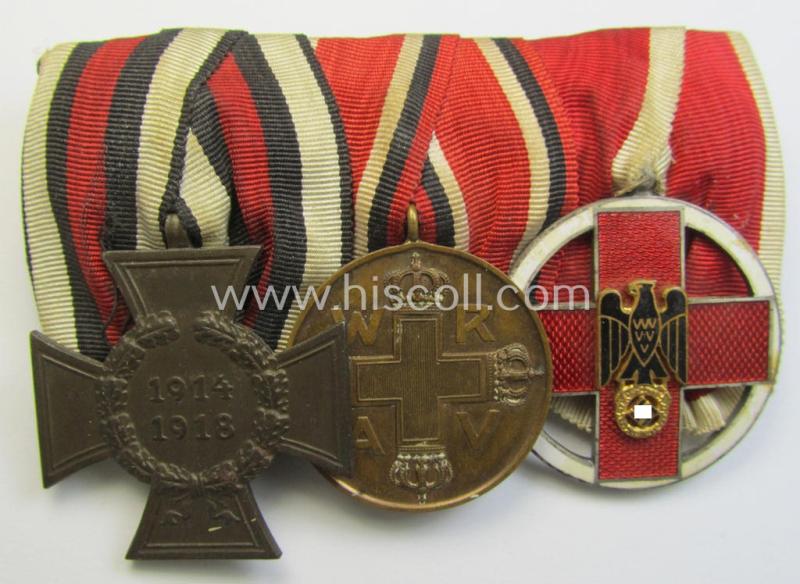 Superb, WWI- (ie. TR-) period so-called: 'Ordenspange' (being of the non-'detachable-pattern') showing resp. a: 'FKK 1914-18 ohne Schw.', an: Austrian Red Cross medal and a (scarcely seen!): 'DRK-Ehrenzeichen des 3. Modell'