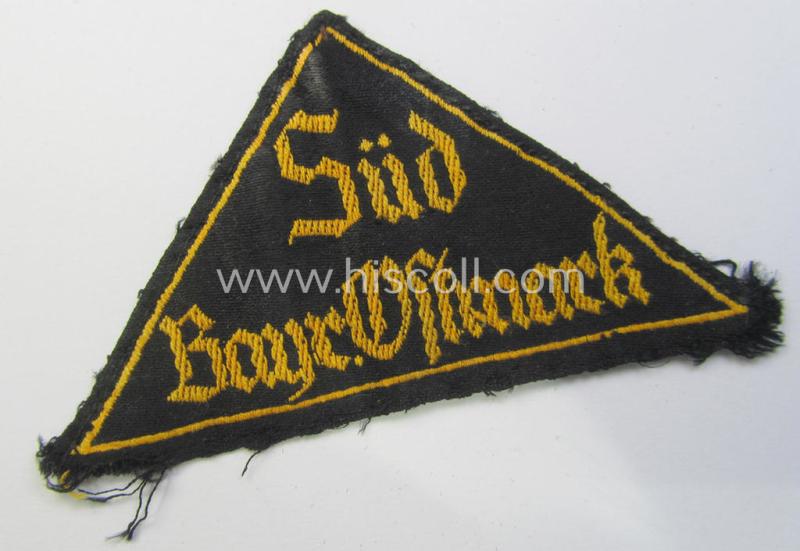 'HJ' ('Hitlerjugend') district-triangle (ie. 'Gebietsdreieck') entitled: 'Süd Bayr.Ostmark' (being a moderately used- ie. worn example that has lost its paper-based 'RzM'-etiket over the years)