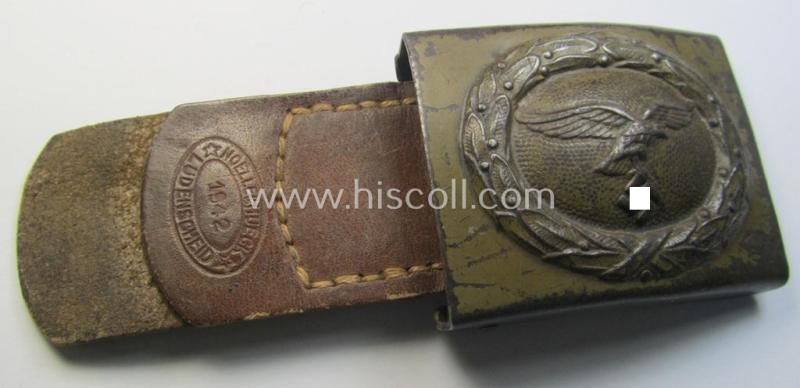 Superb - and rarely found! - WH (Luftwaffe) 'tropical-pattern' belt-buckle (ie. 'Koppelschloss für Uffz. u. Mannschaften der LW') being a maker- (ie. 'N.&H. - 1942'-) marked- and/or typical olive-greenish- ie. yellow-coloured example