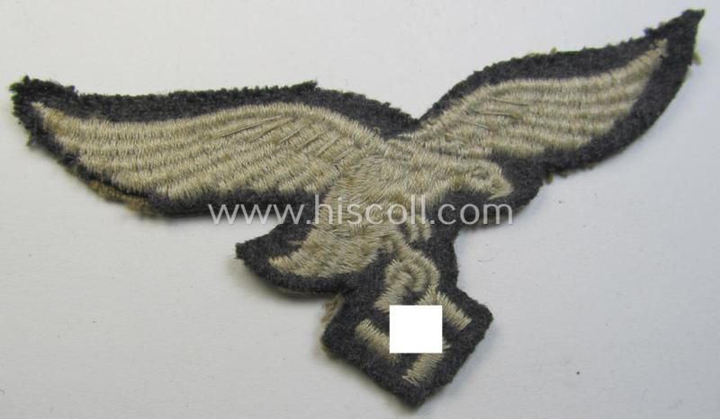 Attractive - truly worn and carefully tunic-removed! - WH (Luftwaffe) EM- (ie. NCO-) type breast-eagle (ie. 'Brustadler für Mannschaften u. Uffz. der Luftwaffe') being a machine-embroidered example as was intended for the various LW-troops