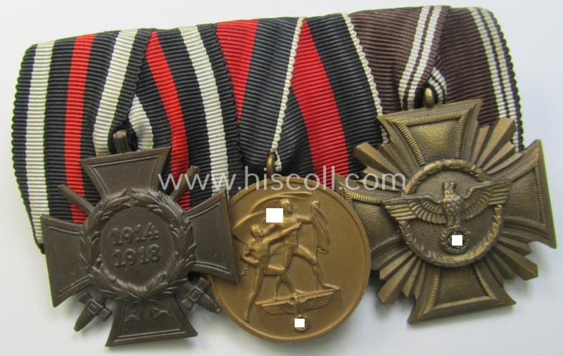 Superb, 3-pieced N.S.D.A.P.-related medal-bar (ie. 'Ordenspange') showing resp. an: 'FKK 1914-18 mit Schw.', a: Czech 'Anschluss' medal and a: 'N.S.D.A.P.-DA. in Bronze' (ie. '3. St. für 10 Jahre t. D.')