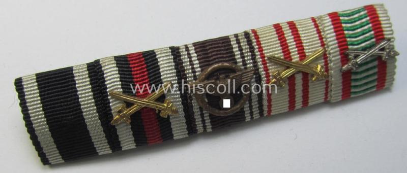 Five-pieced, WWI- (ie. N.S.D.A.P.) ribbon-bar (ie. 'Band- o. Feldspange') showing resp. the ribbons for an: 'EK II.Kl., a: 'FKK m. S.', an: 'N.S.D.A.P. DA 3. St.' (with attached miniature-device!) and two: Austrian WWI-medals