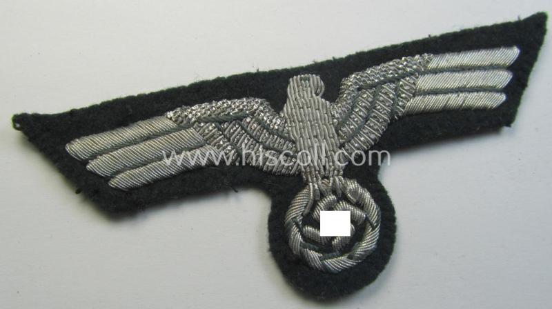 Attractive - and just moderately used! - WH (Heeres) officers'-type, hand-embroidered breast-eagle (ie. 'Brustadler für Offiziere') as was executed in bright-silverish-coloured braid as was intended for usage on the various officers'-pattern tunics