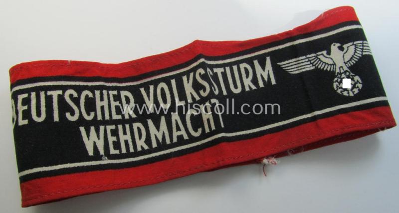 Superb, typically printed- and/or later-war-period, bright-red- and/or black-coloured so-called: 'Deutscher Volkssturm'-armband (ie. 'Armbinde') that comes in an overall very nice- (I deem hardly used- nor worn- ie. 'virtually mint'-), condition